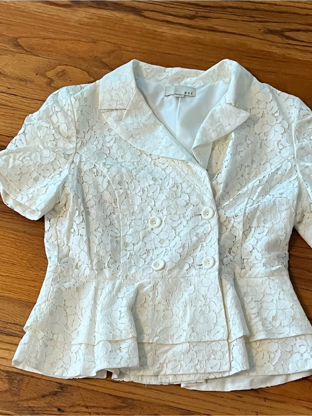 Forever 21 White Lace Peplum Double-Breasted Blazer